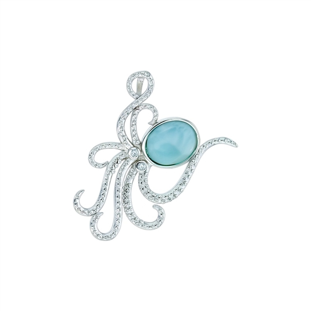 925 Sterling Silver Larimar Oval Shape Textured Swirl Octopus Pendant 3.49 gm
